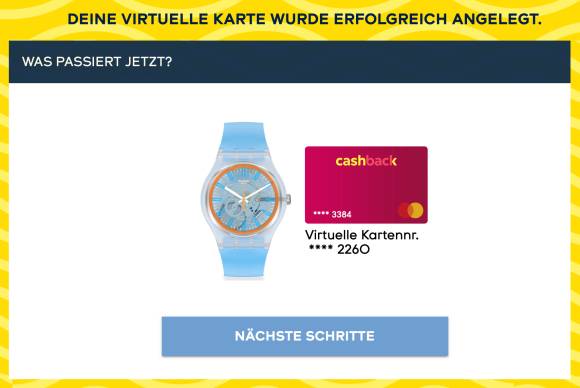 Der Screenshot zeigt die gewählte Swatch zusammen mit der verknüpften Kreditkarte
