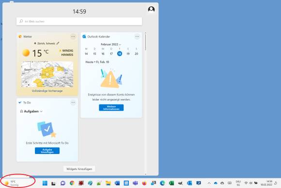 Das Wetter-Symbol ganz links in der Taskleiste sowie das Widget-Fenster