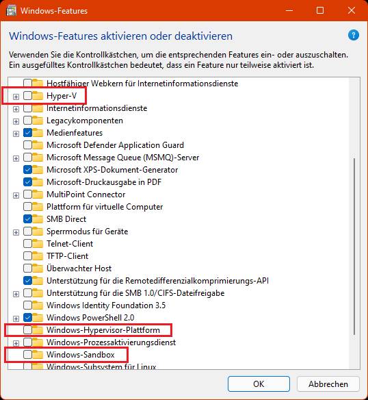 Deaktivieren Sie diese Komponenten und starten Sie den PC neu Markierte Komponenten, die zu deaktivieren sind