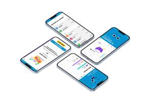 Vier Smartphones zeigen verschiedene Ansichten der App 