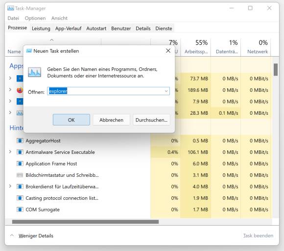 Task-Manager mit Fenster «Neuen Task erstellen»