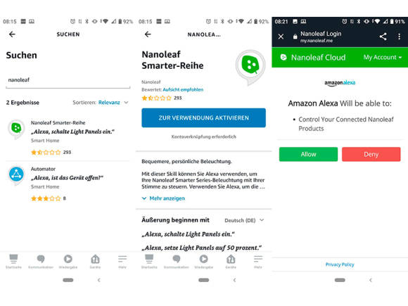 Screenshots Einrichtung der Alexa-Skills auf dem Smartphone