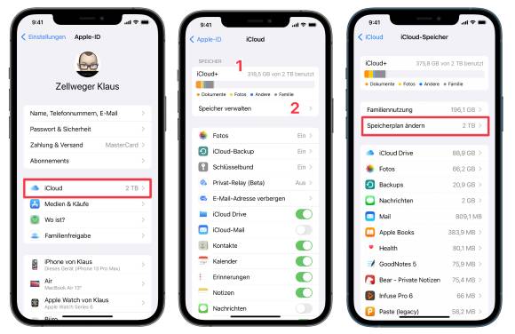 In drei verschiedenen Screenshots wird gezeigt, wie am iPhone der Online-Speicher verwaltet wird