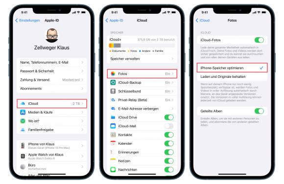 Drei Screenshots zeigen, wo am iPhone die Einstellungen für die Synchronisierung der Fotos zu finden sind