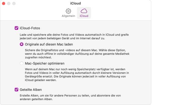 Der Screenshot zeigt die Einstellungen zur Synchronisierung in der Anwendung «Fotos»