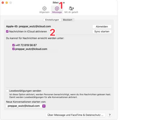 Der Screenshot zeigt die Einstellungen zur Synchronisierung von Nachrichten