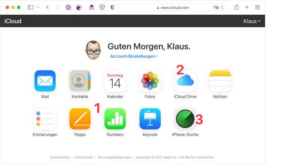 Der Screenshot zeigt die Website von icloud.com mit den verfügbaren Anwendungen und Einstellungen