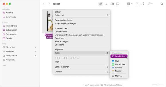 Der Screenshot zeigt, wie am Mac über das Kontextmenü der «Teilen»-Befehl aufgerufen wird