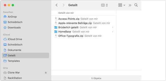 Der Screenshot zeigt, wie geteilte Objekte im Finder automatisch angezeigt werden
