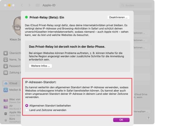 Der Screenshot zeigt die Einstellungen zur Genauigkeit, mit der die eigene Position bekanntgegeben wird