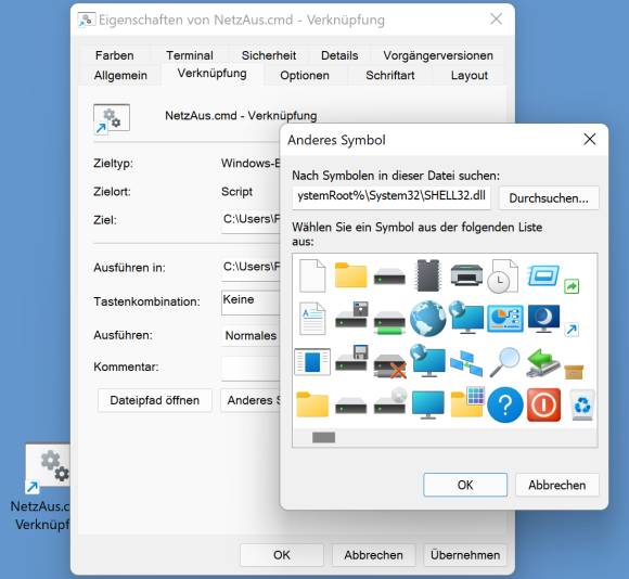 Screenshots Icon-Auswahl für die Verknüpfung