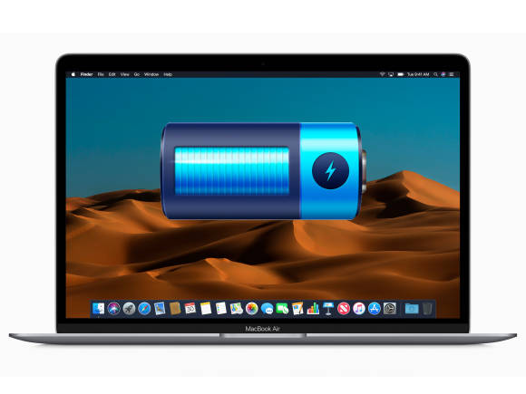 Das Foto eines MacBooks; auf dem Bildschirm ist eine grosse blaue Batterie zu sehen 