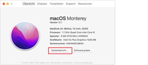 Der Screenshot zeigt den Dialog «Über diesen Mac» mit den wichtigsten technischen Eigenschaften; die Schaltfläche «Systembericht» ist umrandet