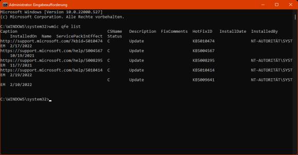 Konsolenfenster zeigt nur eine spärliche Auswahl der installierten Updates