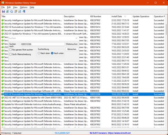Der Nirsoft-Screenshot zeigt eine riesige Update-Liste und ein Suchresultat
