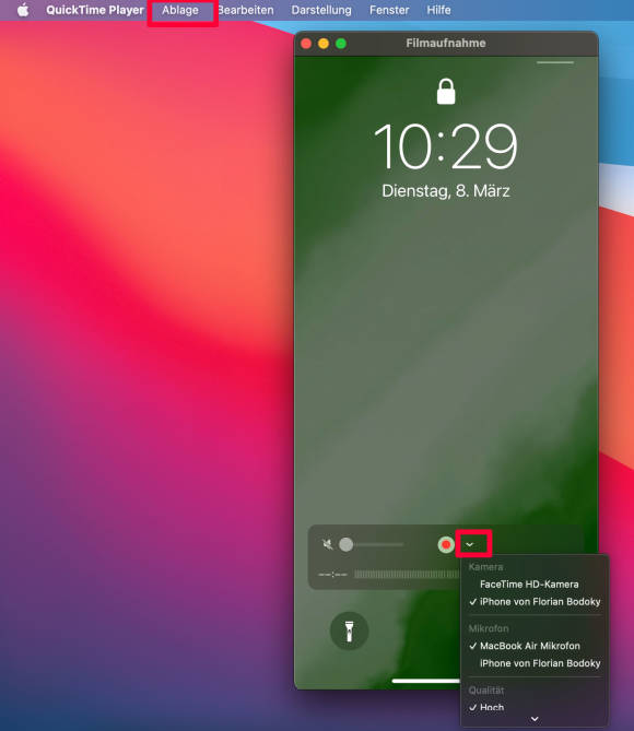Iphone-Bildschirm in der QuickTime-Anwendung auf einem Mac 