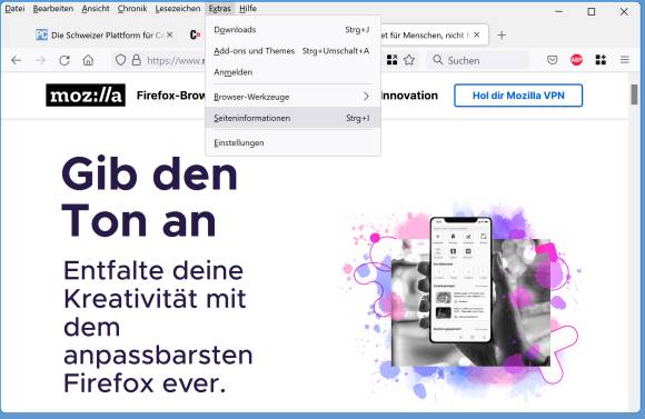 Firefox mit dem klassischen Menü, in welchem das Menü Extras geöffnet ist