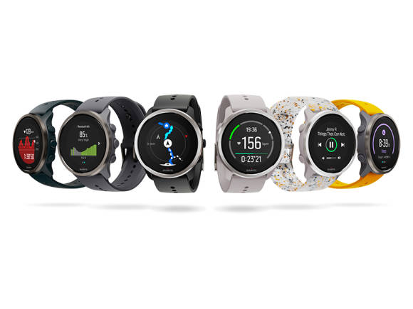 Sechs mal die Suunto 5 Peak mit verschiedenen Displayanzeigen und Farben 