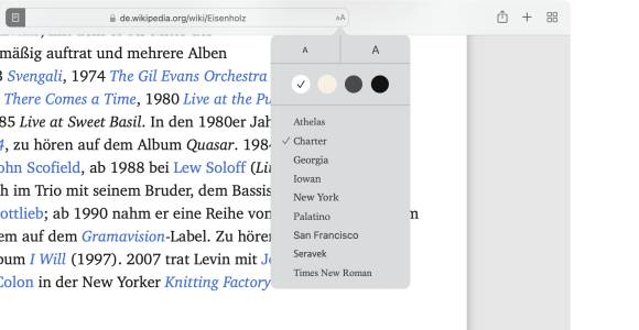 Der Screenshot zeigt das Symbol auf der rechten Seite der Adressleiste, mit dem die Schriftart und weitere Einstellungen festgelegt werden