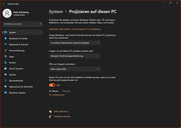 Einstellungen zum Zulassen der Projektion auf diesen PC