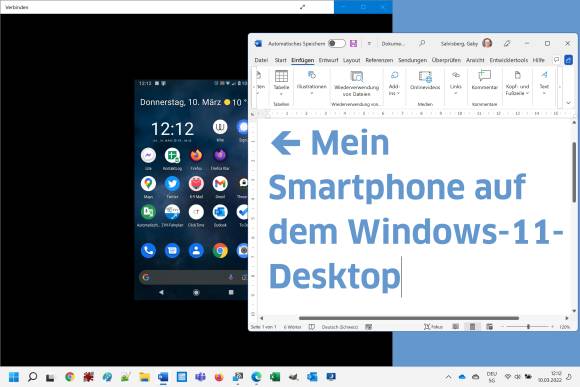 Ein Android-Display im Verbinden-Fenster auf einem Windows-11-Desktop 