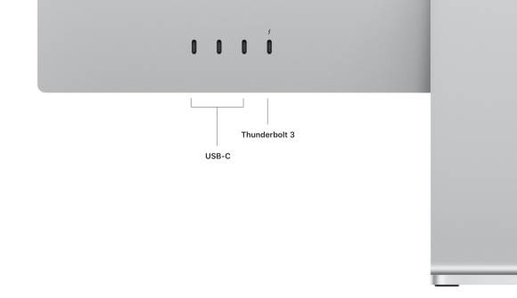 Das Foto zeigt die vier Anschlüsse auf der Rückseite des Studio Display