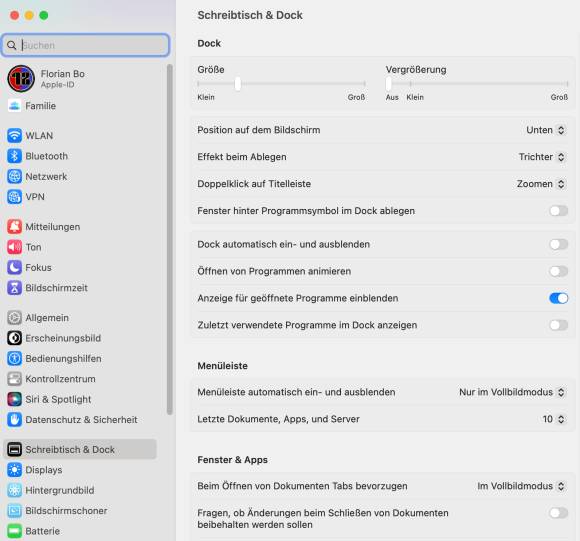 Screenshot der Dock-Einstellungen