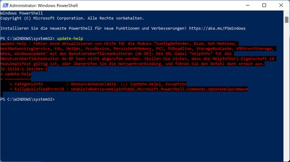 Der Befehl update-help in der PowerShell