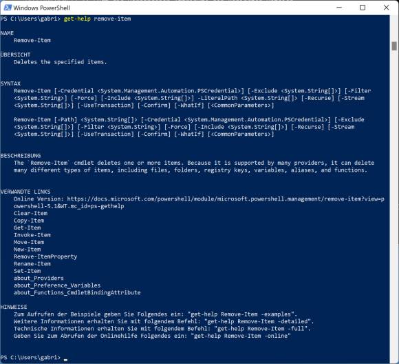 Hilfe-Ausgabe zu einem PowerShell-Befehl