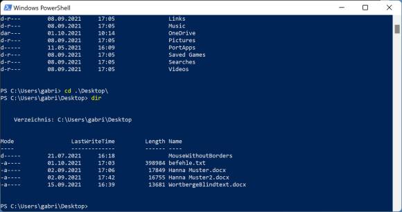 Nutzung des Befehls "dir" in der PowerShell
