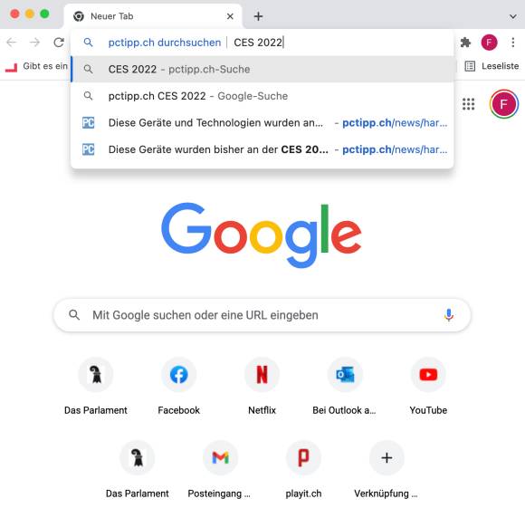 Screenshot einer Adresszeilensuche in Chrome 