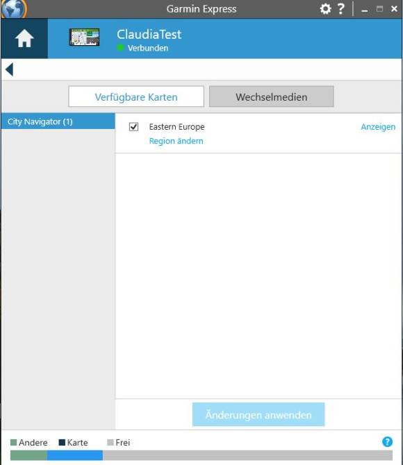 Screenshot Garmin Express: Region ändern