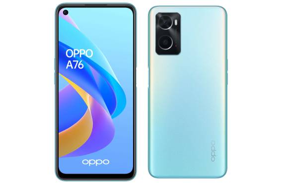 Vorder- und Rückseite des Oppo A76 in Hellblau 