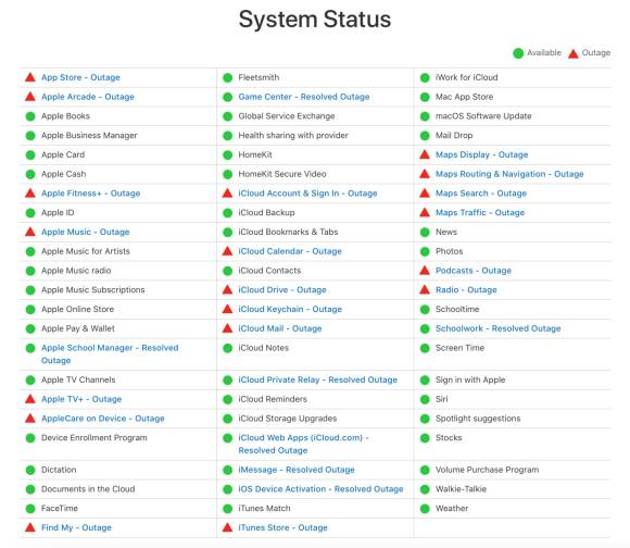 Systemstatus-Seite zeigt zahlreiche Apple-Dienste als offline an 
