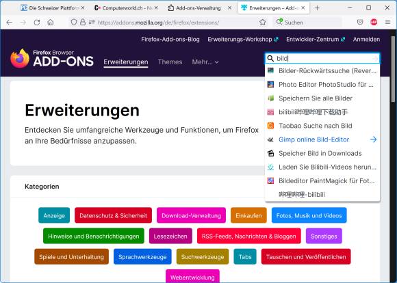 Die Add-ons-Seite von Mozilla mit verschiedenen Kategorien