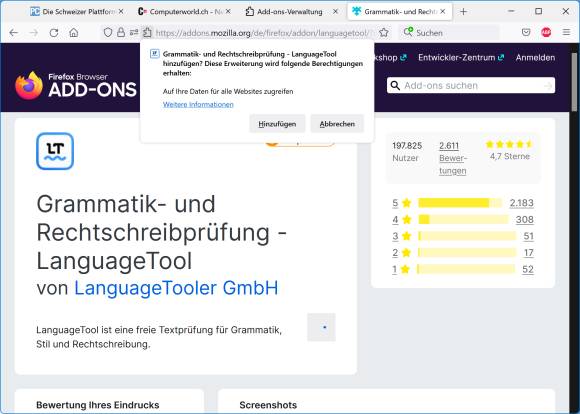 Hier wird das LanguageTool-Add-on installiert