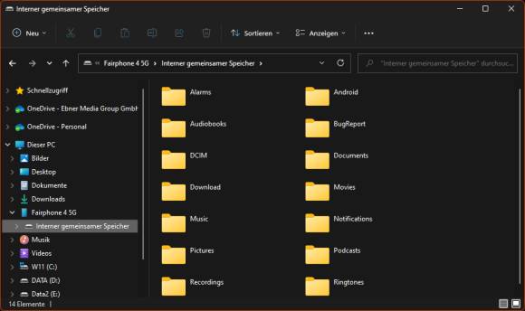 Explorer zeigt Ordner eines Android-Smartphones 