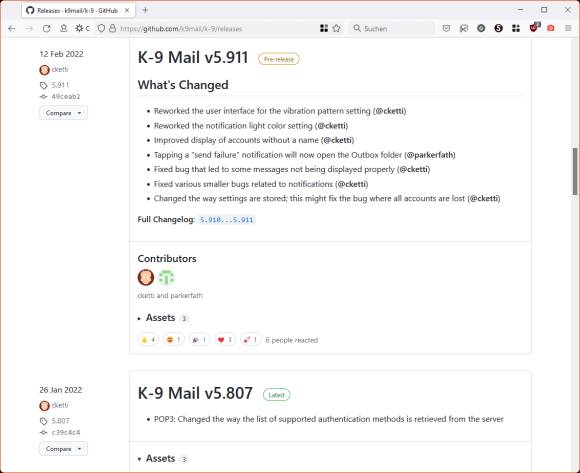 Die GitHub-Seite der K-9-Mail-App