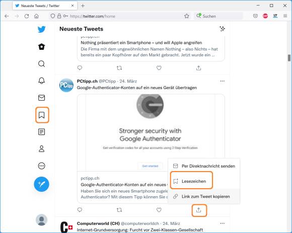 Screenshot der Twitter-Lesezeichen