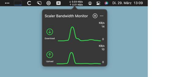 Der Screenshot zeigt das aktuelle Tempo der Netzwerkverbindung in der Menüleiste, zusammen mit einem einfachen Diagramm