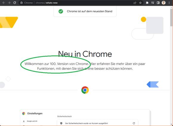 Google Chrome zeigt Versionsnummer 100 