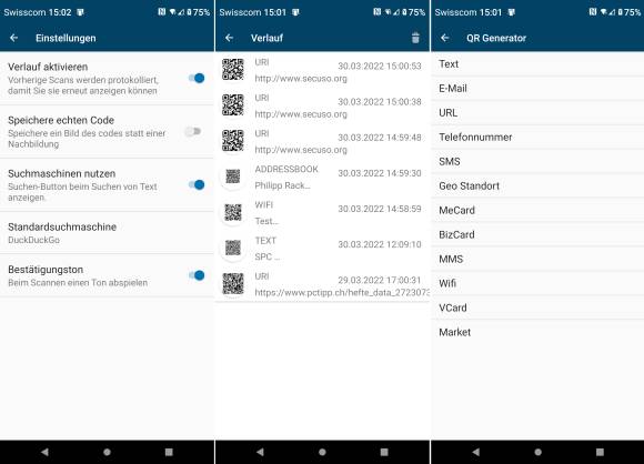 Drei Screenshots aus der App