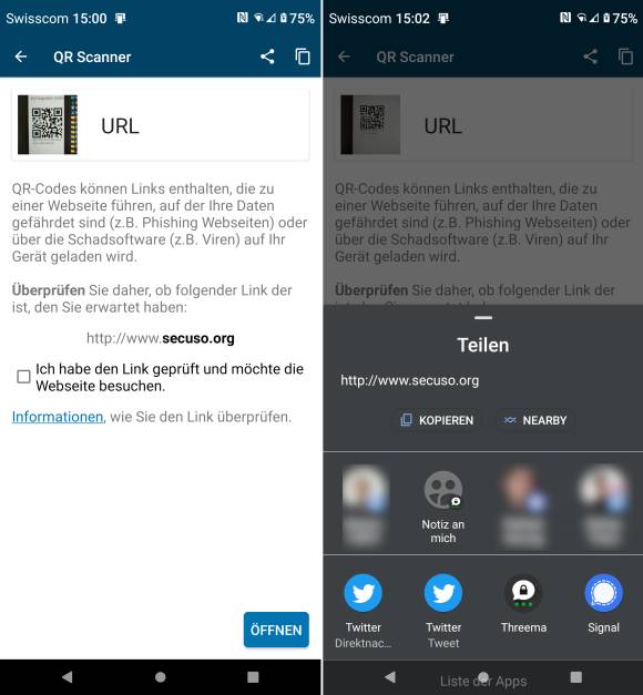Zwei Screenshots aus der App