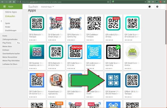 Im Google Play Store mit vielen QR-Code-Apps haben wir recht weit unten eine App markiert 