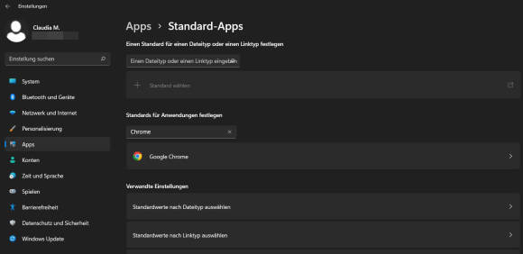Suche nach Google Chrome in Standard-Apps