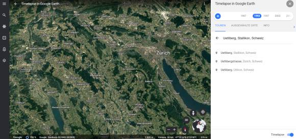 Google Earth zeigt Ausschnitt um Zürich