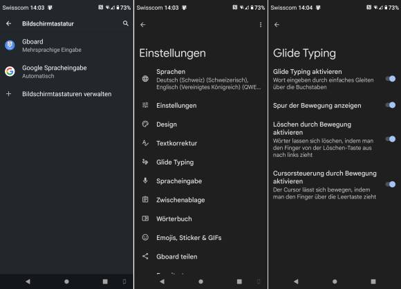 Drei Screenshots zeigen den Weg zu den Glide-Typing-Optionen