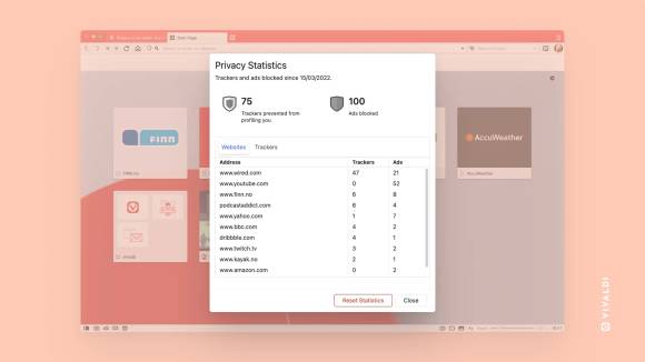 Screenshot Datenschutz-Statistik in Vivaldi 