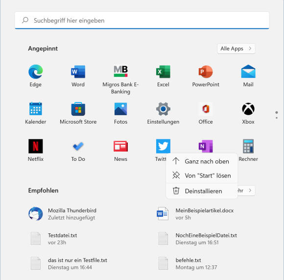 Screenshot Startmenü