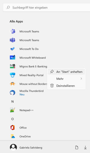 Screenshot Startmenü mit "Alle Apps"